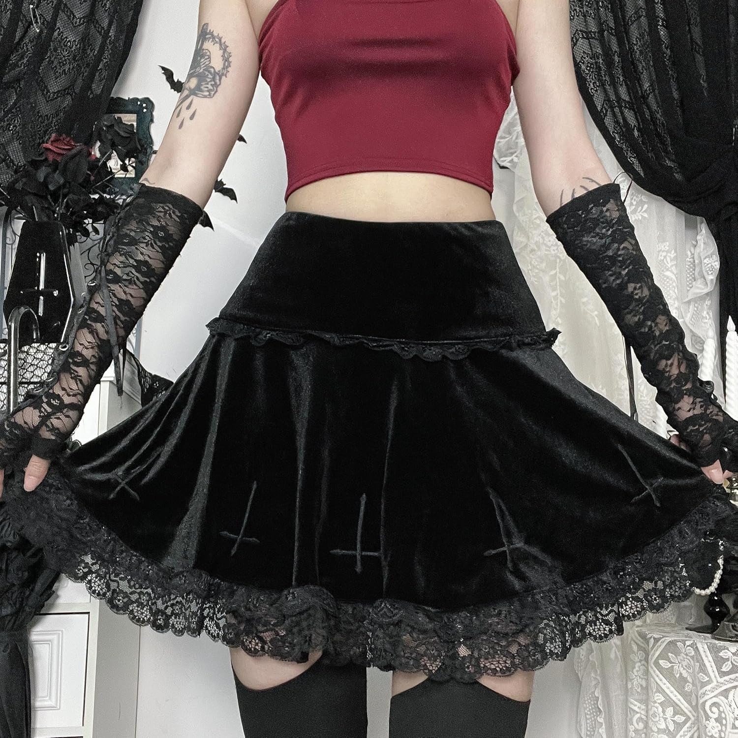 Punk Cross Print Dark Mini Skirts Chain Belt Black Uniform Pleated Skirt Women