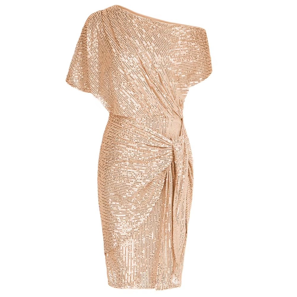 Cocktail Dresses for Women Sequined Party Dress Summer Ruched Short Sleeve Asymmetric off Shoulder Bodycon Dress Vestidos