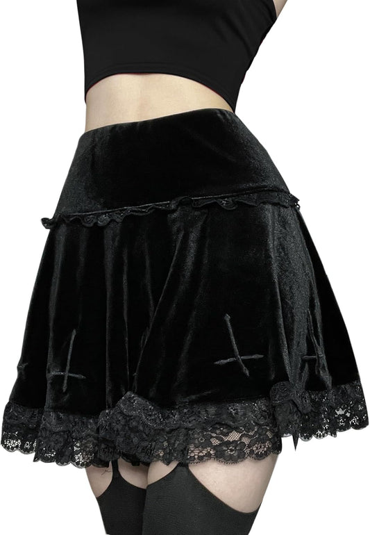 Punk Cross Print Dark Mini Skirts Chain Belt Black Uniform Pleated Skirt Women