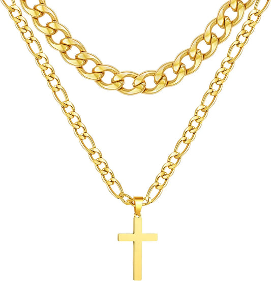 Layered Gold Cross Necklaces for Men Boys Stainless Steel Cuban Figaro Pendant Chain Set Religious Christian Birthday Christmas Jewelry Gifts Teen Dad Adults Stocking Stuffers for Kids
