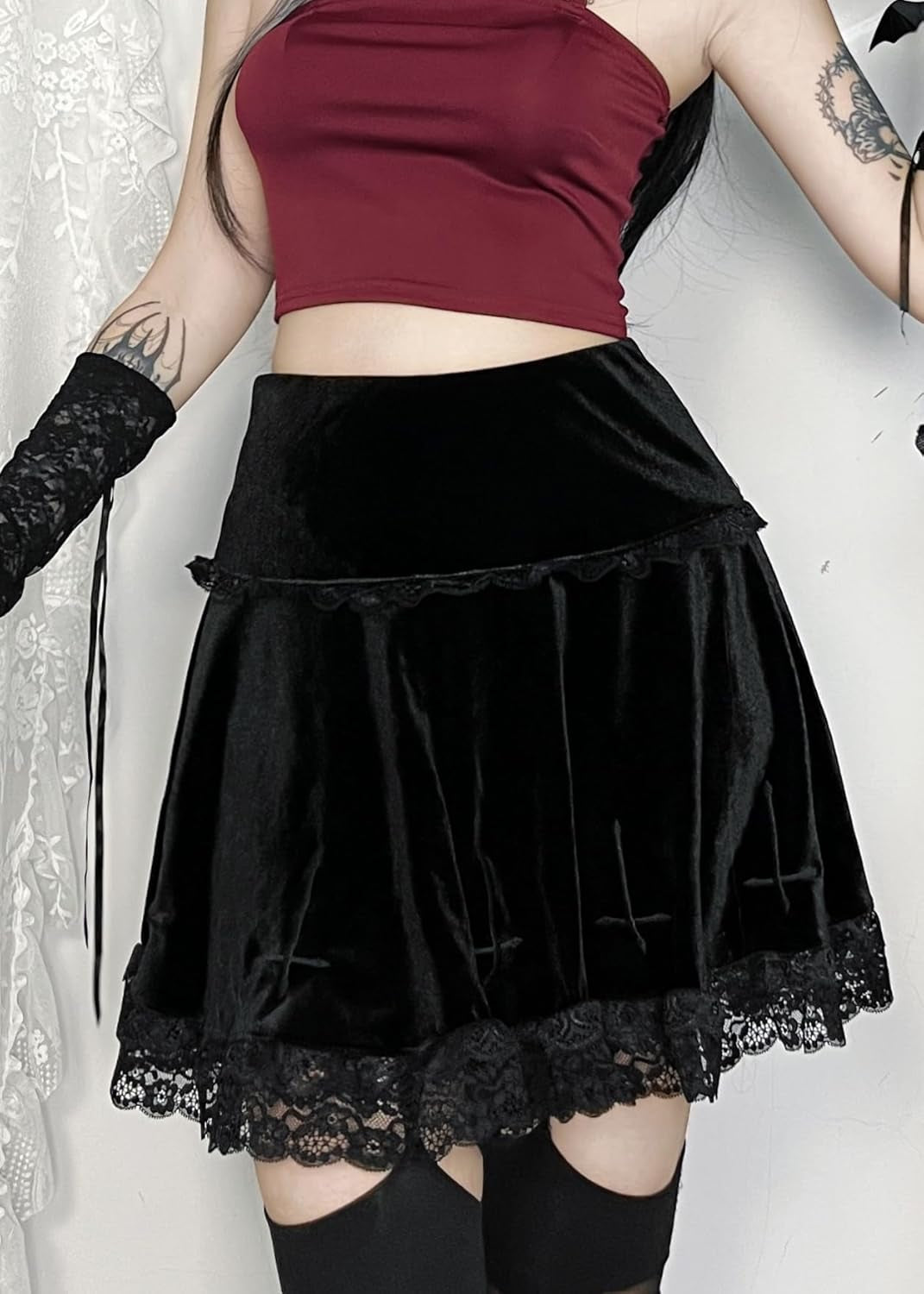 Punk Cross Print Dark Mini Skirts Chain Belt Black Uniform Pleated Skirt Women