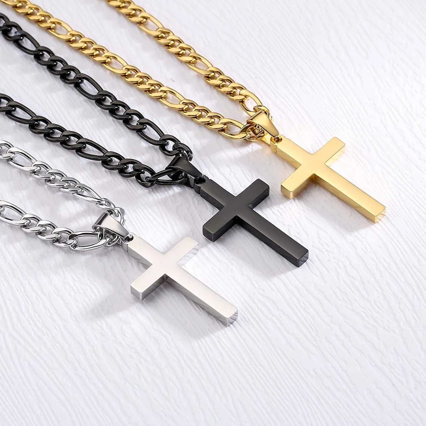 Layered Gold Cross Necklaces for Men Boys Stainless Steel Cuban Figaro Pendant Chain Set Religious Christian Birthday Christmas Jewelry Gifts Teen Dad Adults Stocking Stuffers for Kids