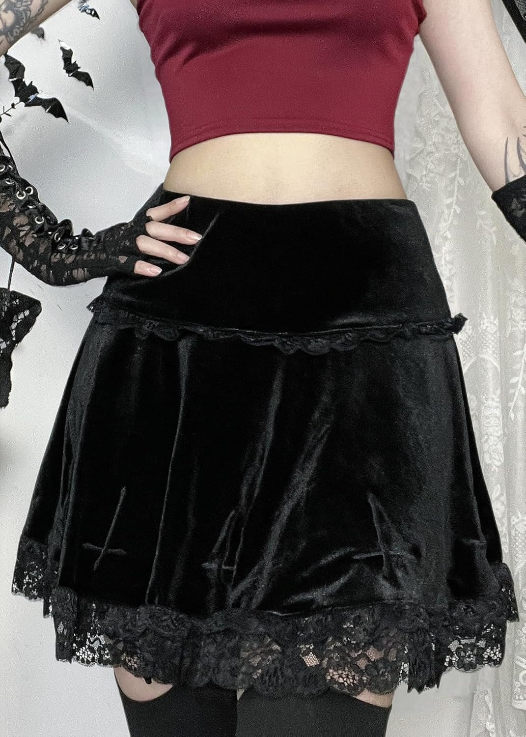 Punk Cross Print Dark Mini Skirts Chain Belt Black Uniform Pleated Skirt Women