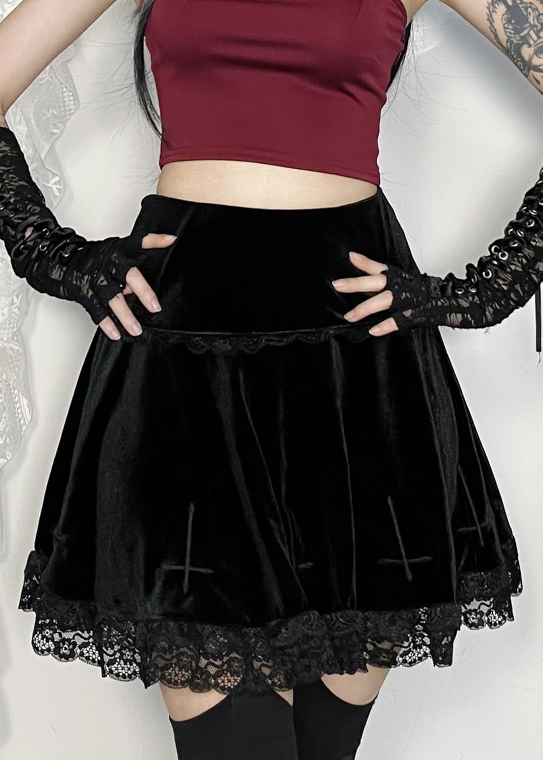 Punk Cross Print Dark Mini Skirts Chain Belt Black Uniform Pleated Skirt Women