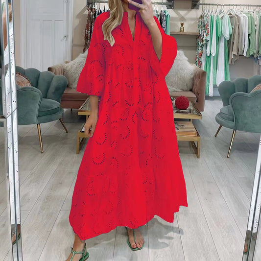 Dresses for Dresses Spring Summer Shirt Dress 2024 White Dresses V-Neck Flared Sleeves Lace Hollow Solid Color Sexy Long Dresses