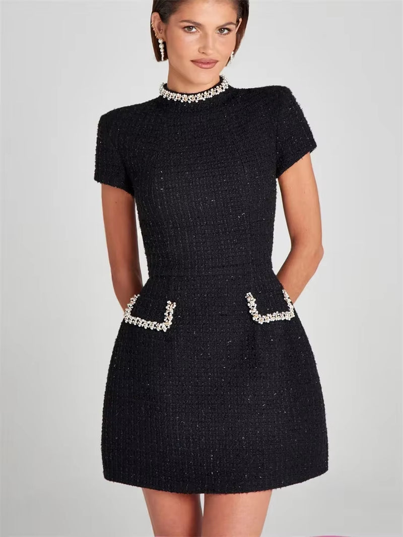 Tosssy Shiny Elegant Female Mini Dress Pocket Short Sleeve Patchwork Fashion Slim Party Dress Gown Women'S Glitter Vntage Dress