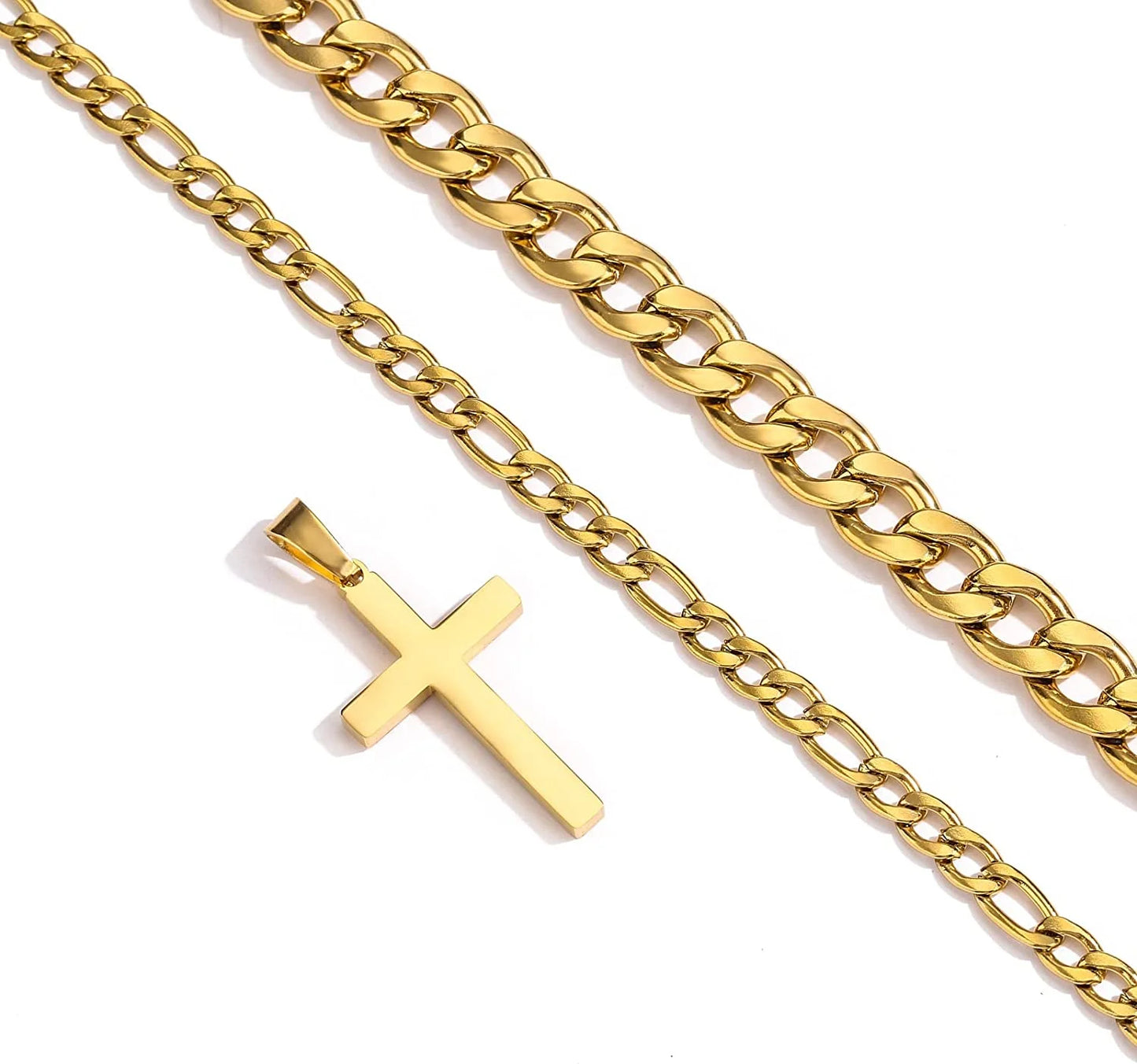 Layered Gold Cross Necklaces for Men Boys Stainless Steel Cuban Figaro Pendant Chain Set Religious Christian Birthday Christmas Jewelry Gifts Teen Dad Adults Stocking Stuffers for Kids