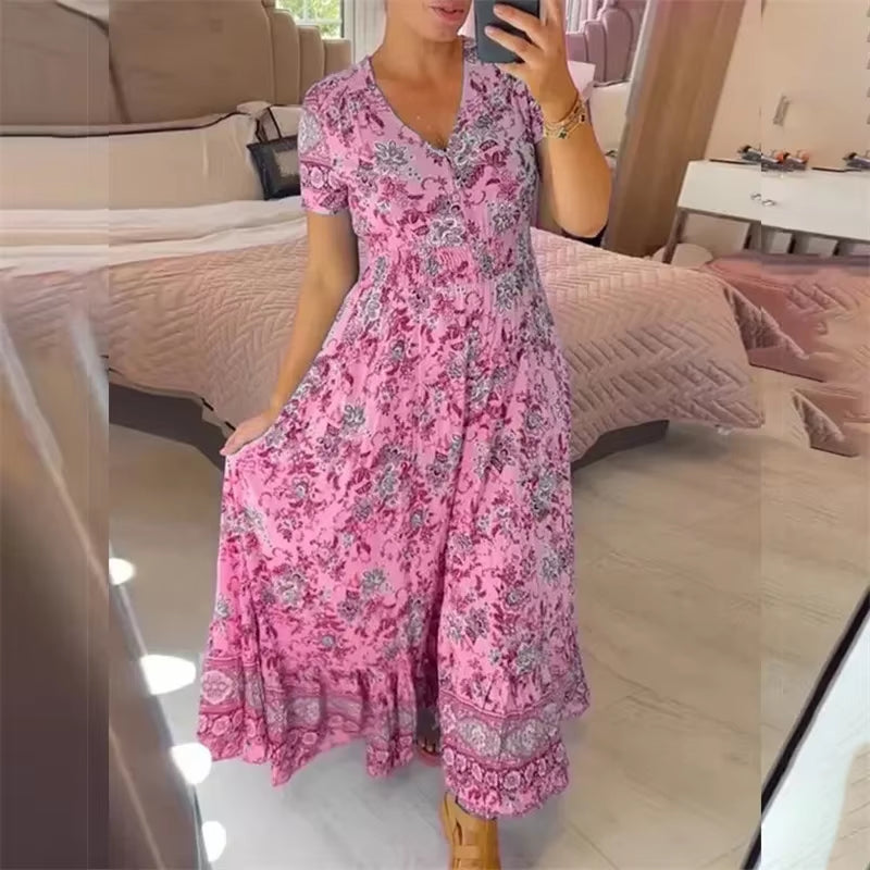 Floral Allure: Elegant Women’s Flower Print Deep V-Neck Dress