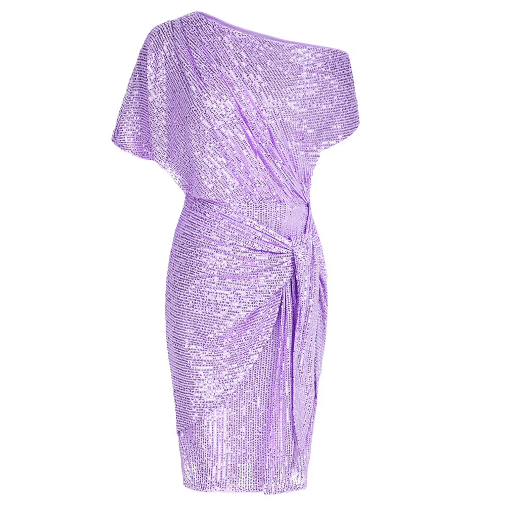 Cocktail Dresses for Women Sequined Party Dress Summer Ruched Short Sleeve Asymmetric off Shoulder Bodycon Dress Vestidos